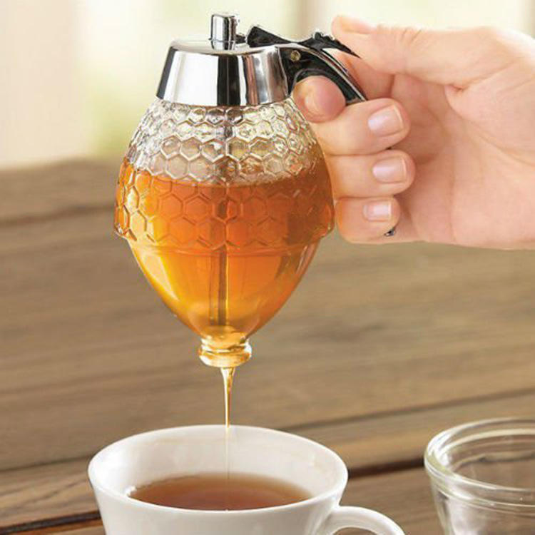 Hot Selling 200ML 7OZ Acrylic Non-Drip Honey Pot Jar Dispenser Plastic Honey Dispenser with Stand