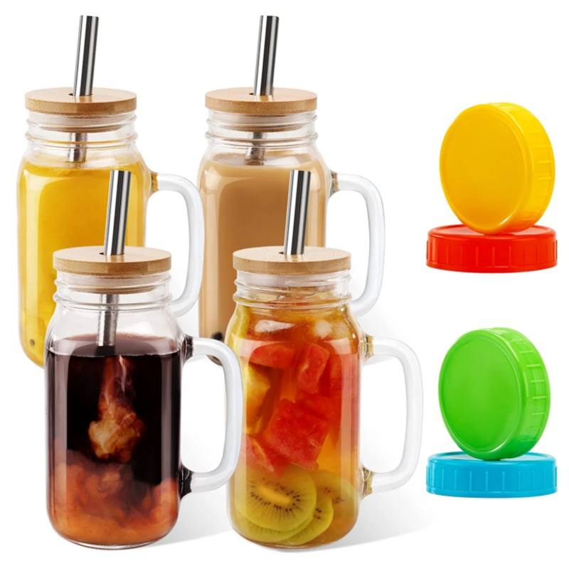 Wholesale 24 oz 700ml Clear Empty Square Drinking Mugs Glass Mason Jar with Handle and Bamboo Lids and Straws for Juice Milk Tea