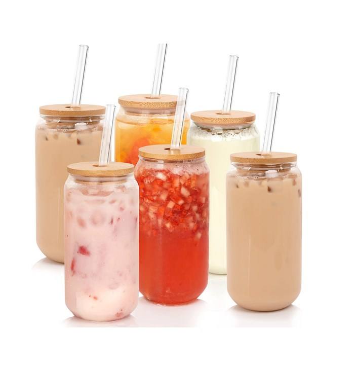 Essie 24oz glass can with bamboo lid and straw for home to diy coffee/soda/tea/water/juice